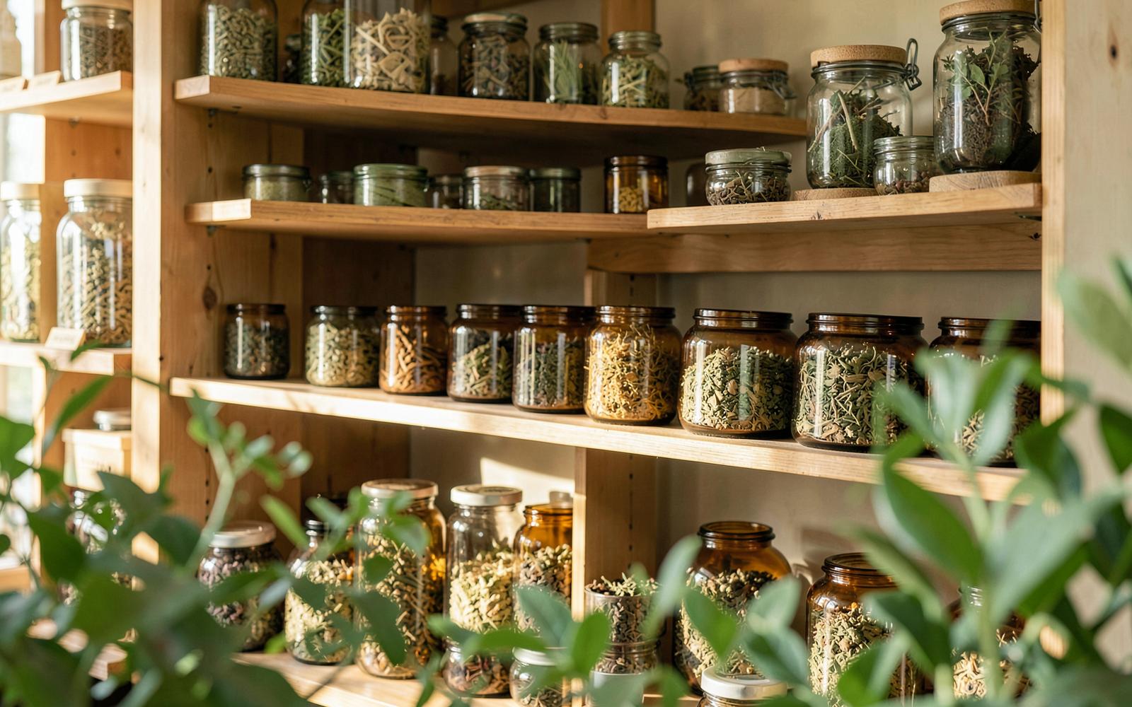 Prestatges de fusta amb pots de vidre plens d'herbes medicinals seques